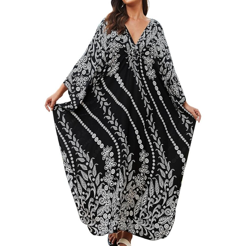 Womens Black & White V-neck Batwing Sleeve Flowy Split Hem Bohemian Kaftan Dress